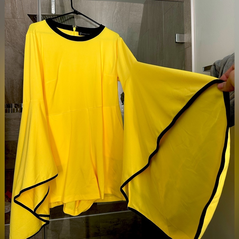 Jumpsuit Yellow Romper with Statement Ballooon Sleeves Black Trim